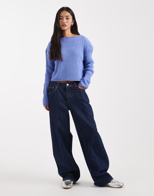 ASOS DESIGN - Rechte geribbelde trui met ronde hals en omgerolde rand in blauw, 2 van 4
