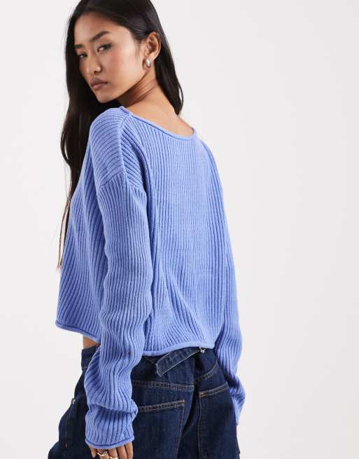 ASOS DESIGN - Rechte geribbelde trui met ronde hals en omgerolde rand in blauw, 3 van 4