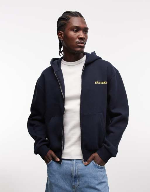 ASOS DESIGN - Rechte hoodie met ritssluiting en print in marineblauw, 2 van 5