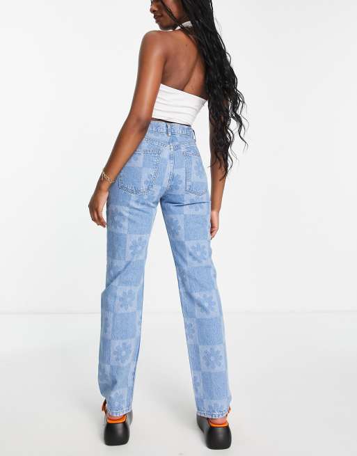 ASOS DESIGN - Rechte jeans met halfhoge taille van katoen in gebloemde laser ruit, 2 van 4