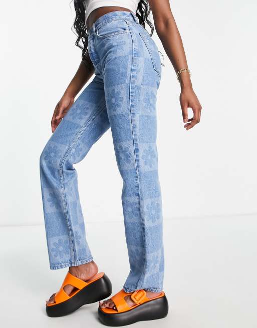 ASOS DESIGN - Rechte jeans met halfhoge taille van katoen in gebloemde laser ruit, 3 van 4