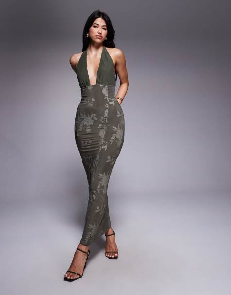 ASOS DESIGN - Rechte maxi-jurk met halternek en textuur in kaki - view 1