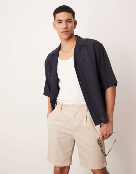 ASOS DESIGN - Rechte nette chino shorts van linnenmix met plooien voor in stone - view 1