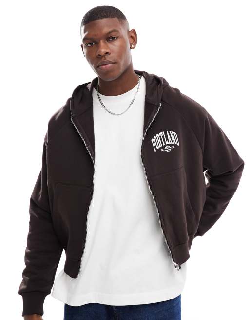 ASOS DESIGN - Rechte oversized hoodie met rits en print op de borst in bruin