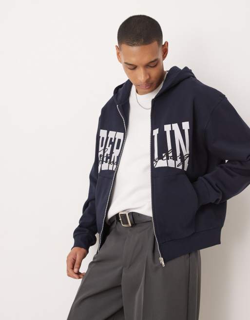 ASOS DESIGN - Rechte oversized hoodie met ritssluiting en print in marineblauw