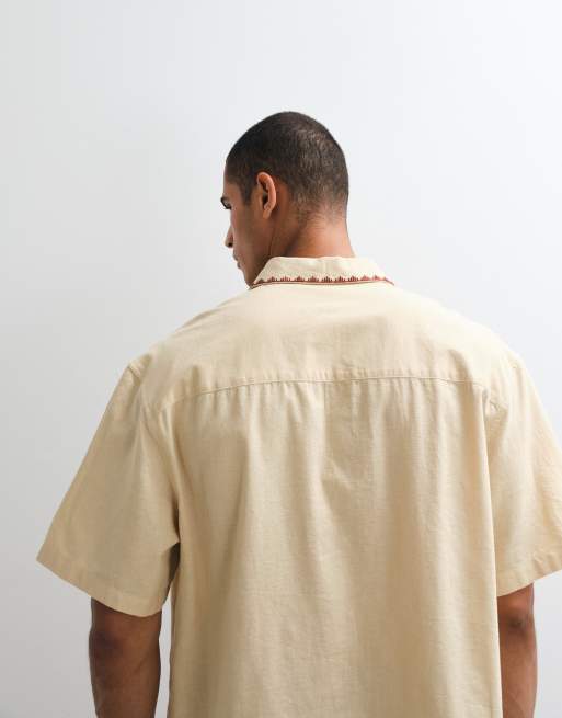 ASOS DESIGN - Rechte oversized overhemd met linnen en borduursels in beige, 4 van 5