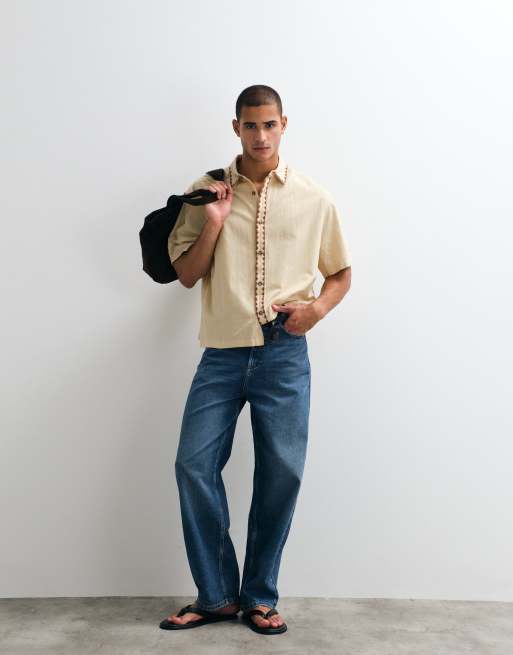 ASOS DESIGN - Rechte oversized overhemd met linnen en borduursels in beige, 5 van 5