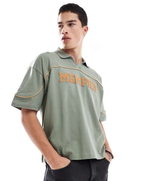 ASOS DESIGN - Rechte oversized polo met stadsprint in kaki - view 1