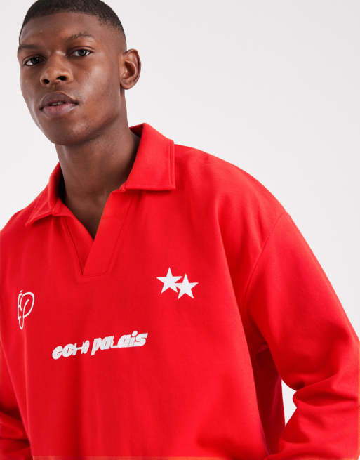 ASOS DESIGN - Rechte oversized polo van zware piqué met lange mouwen, verlaagde schouders en sportprint in rood, 5 van 5