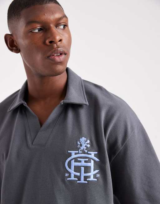 ASOS DESIGN - Rechte oversized polo van zware piqué stof met verlaagde schouders en logoborduursel op de borst in antracietgrijs, 5 van 5
