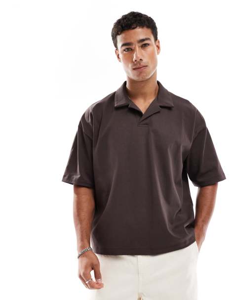 ASOS DESIGN - Rechte oversized polo van zware stof met reverskraag in bruin - view 1