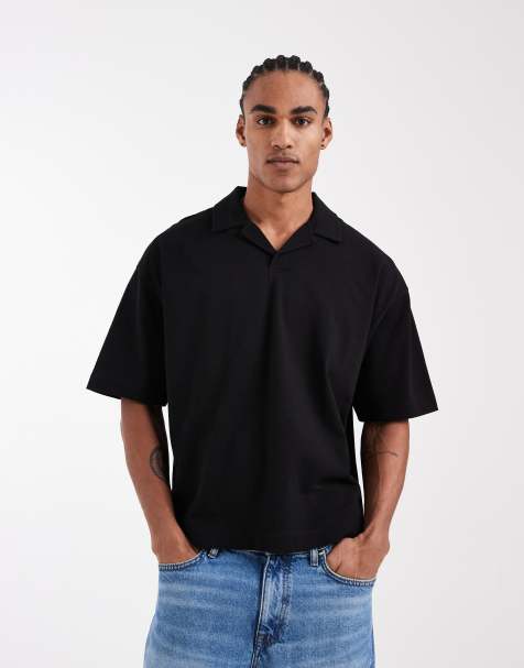 ASOS DESIGN - Rechte oversized polo van zware stof met reverskraag in zwart - view 1