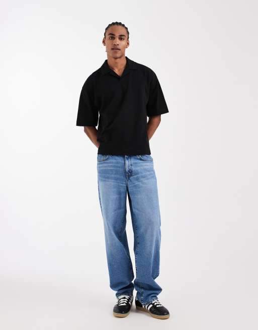 ASOS DESIGN - Rechte oversized polo van zware stof met reverskraag in zwart  , 2 van 5