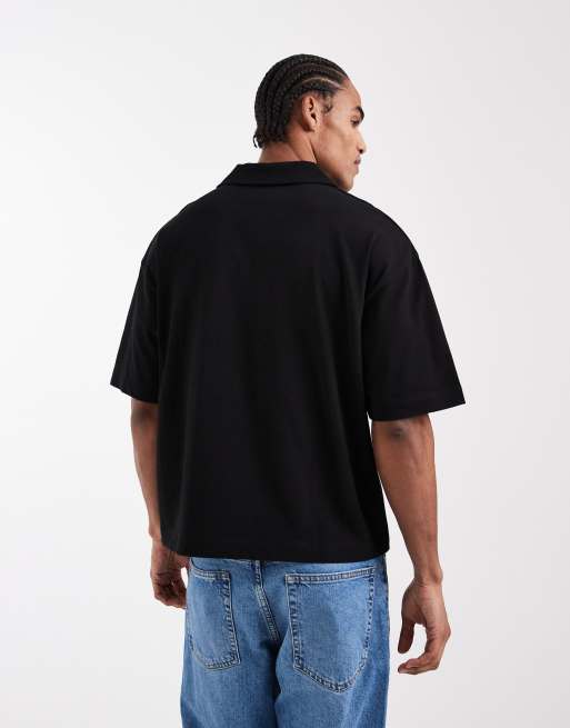 ASOS DESIGN - Rechte oversized polo van zware stof met reverskraag in zwart  , 3 van 5
