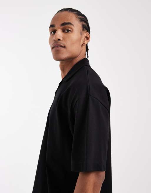ASOS DESIGN - Rechte oversized polo van zware stof met reverskraag in zwart  , 4 van 5