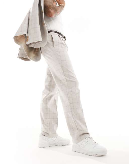 ASOS DESIGN - Rechte pantalon in beige met rasterruit in dezelfde tint
