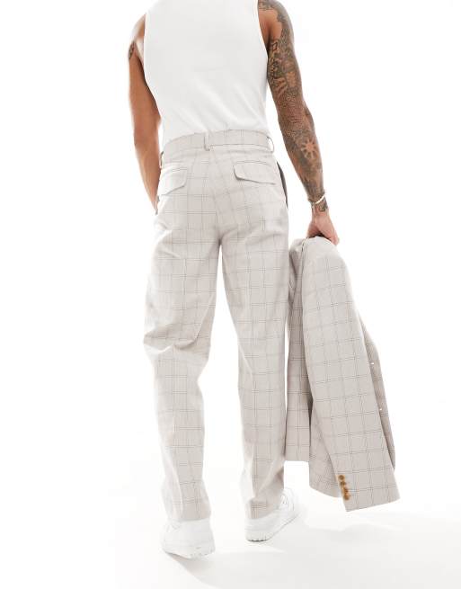 ASOS DESIGN - Rechte pantalon in beige met rasterruit in dezelfde tint, 4 van 5