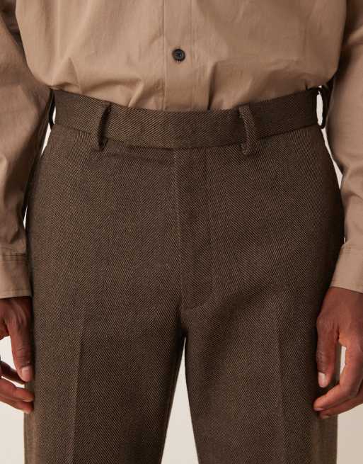 ASOS DESIGN - Rechte pantalon van een wolmix in bruin visgraatmotief, 3 van 5
