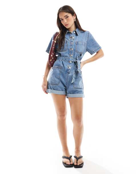ASOS DESIGN - Rechte playsuit met riem in midwash blauw - view 1