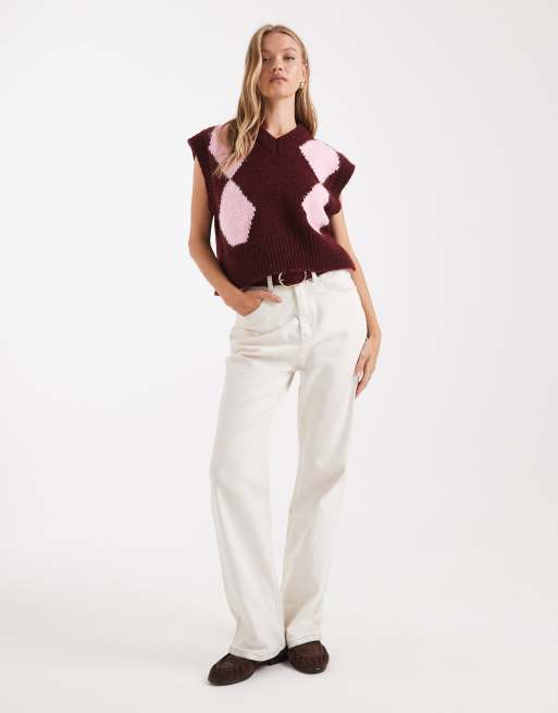 ASOS DESIGN - Rechte, pluizige tanktop met V-hals en argyle-ruit in bordeauxrood, 2 van 4