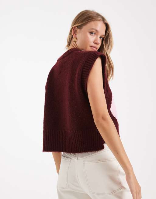 ASOS DESIGN - Rechte, pluizige tanktop met V-hals en argyle-ruit in bordeauxrood, 3 van 4