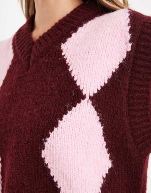 ASOS DESIGN - Rechte, pluizige tanktop met V-hals en argyle-ruit in bordeauxrood, 4 van 4