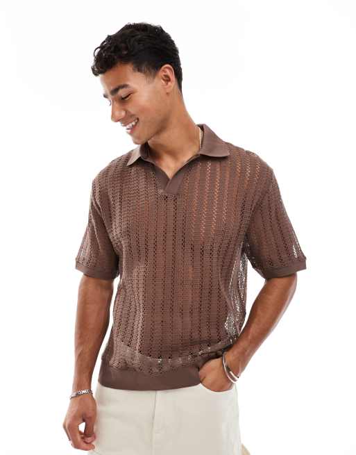 ASOS DESIGN - Rechte ruimvallende gehaakte polo in bruin