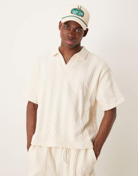 ASOS DESIGN - Rechte ruimvallende polo van zware stof in crèmekleurige kabelstructuur - view 1