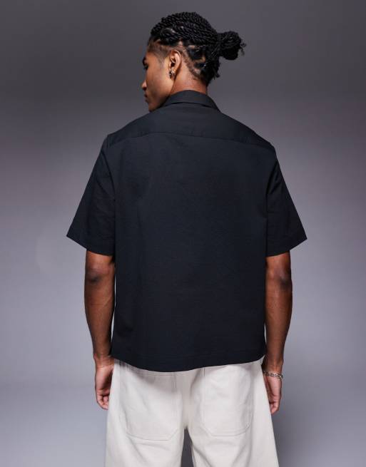 ASOS DESIGN - Rechte seersucker overhemd met reverskraag in zwart, 4 van 4