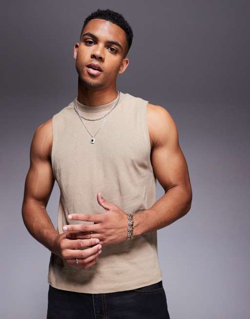 ASOS DESIGN - Rechte tanktop van linnenmix met ronde hals in beige