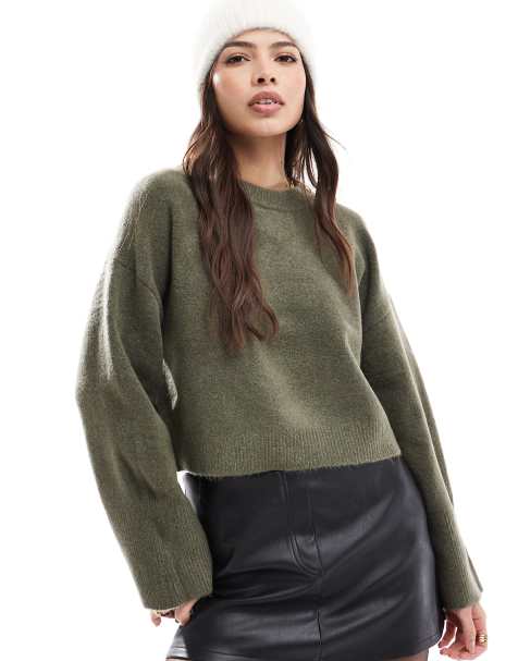 ASOS DESIGN - Rechte trui met ronde hals en brede manchetten in kaki - view 1