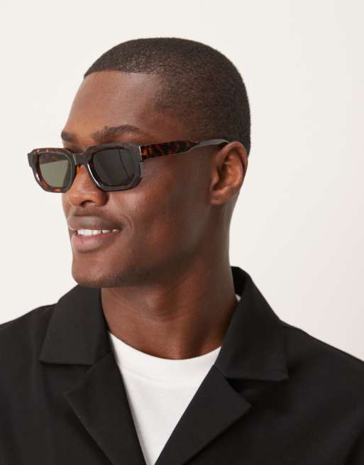 ASOS DESIGN – Rechteckige, breite Sonnenbrille mit Gestell in Schildpatt-Optik mit Gläsern in rauchigem Grün