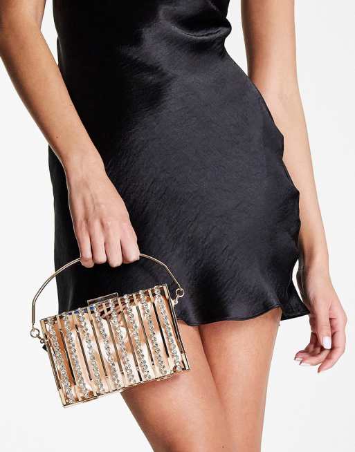 ASOS DESIGN – Rechteckige Clutch im mit Schmucksteinen verzierten Gitterdesign in Gold