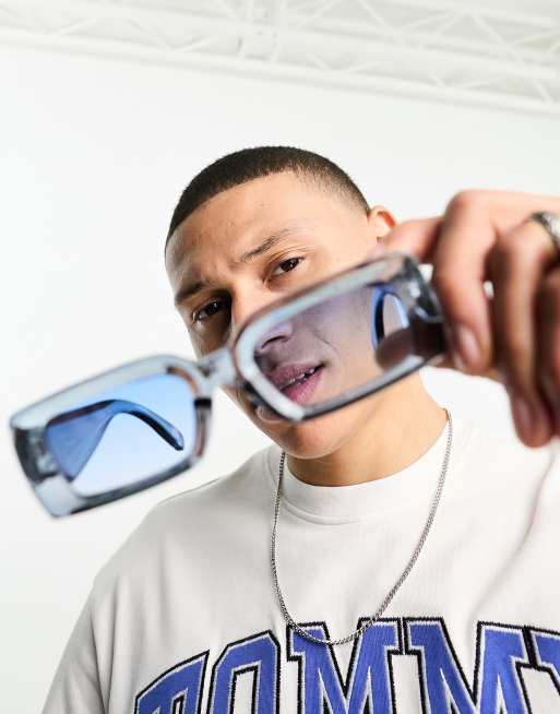 ASOS DESIGN – Rechteckige Oversize-Sonnenbrille mit abgeschrägtem Rahmen in Blau und blauen Gläsern, 4 von 4