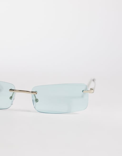 ASOS DESIGN – Rechteckige, randlose Sonnenbrille mit silberfarbenem Metall und grüngetönten Gläsern, 2 von 3