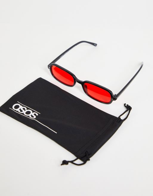 ASOS DESIGN – Rechteckige Retro-Sonnenbrille in Schwarz mit roten Gläsern - BLACK, 3 von 4