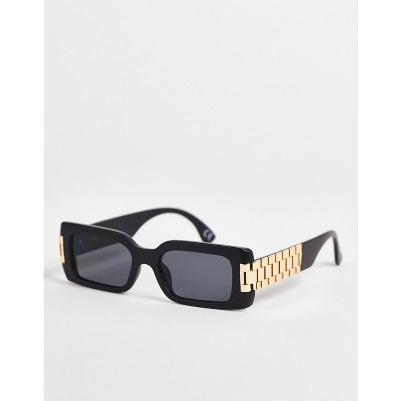 DESIGN – Rechteckige Sonnenbrille in Mattschwarz mit Kettendetail und schwarzen Gläsern