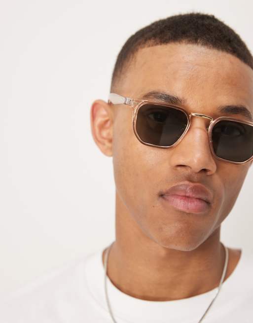 ASOS DESIGN – Rechteckige Sonnenbrille mit brauner Kristalleinfassung und grün getönten Gläsern