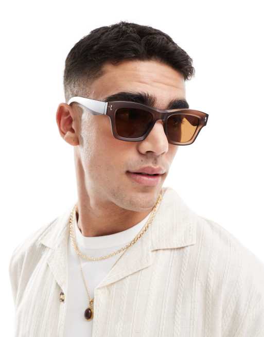 ASOS DESIGN – Rechteckige Sonnenbrille mit matter karamellfarbener Fassung und braunen Gläsern