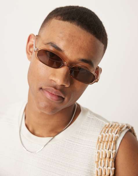 ASOS DESIGN – Rechteckige Sonnenbrille mit sandfarbener Kristalleinfassung und braunen Gläsern - view 1