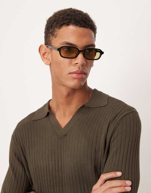 ASOS DESIGN – Rechteckige Sonnenbrille mit schmalem Rahmen in Schwarz und olivgrünen Gläsern, 2 von 3