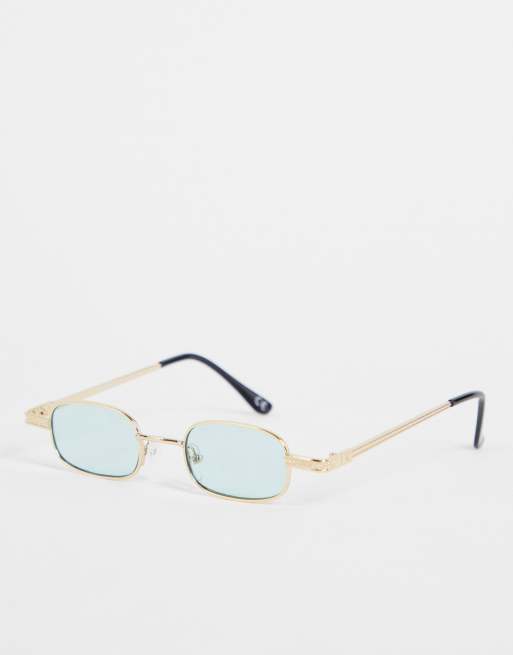 ASOS DESIGN - Rechthoekige mini bril met jaren 90 detail aan het gouden montuur en blauwe glazen