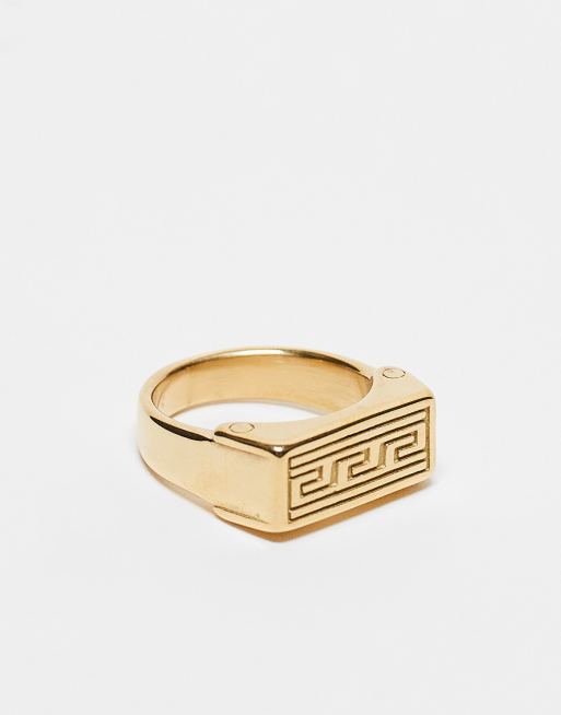 ASOS DESIGN - Rechthoekige zegelring van waterbestendig roestvrij staal met reliëf in goudkleur