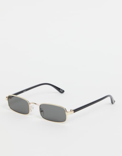 ASOS DESIGN - Rechthoekige zonnebril in jaren 90-stijl met smal metalen montuur in goudkleurig