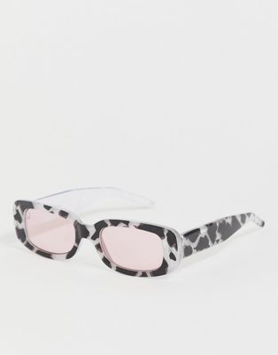 ASOS DESIGN - Rechthoekige zonnebril van kunststof met print en roze glazen-Zilver