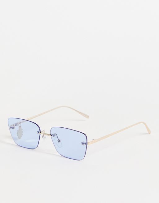ASOS DESIGN - Rechthoekige zonnebril zonder montuur met bloemenhangertje in blauw