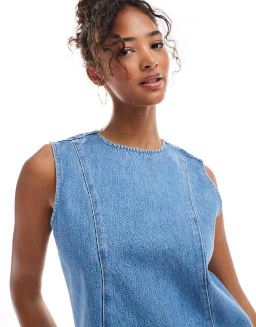 ASOS DESIGN - Rechtvallende denim jurk met naden in middenblauw, 4 van 4