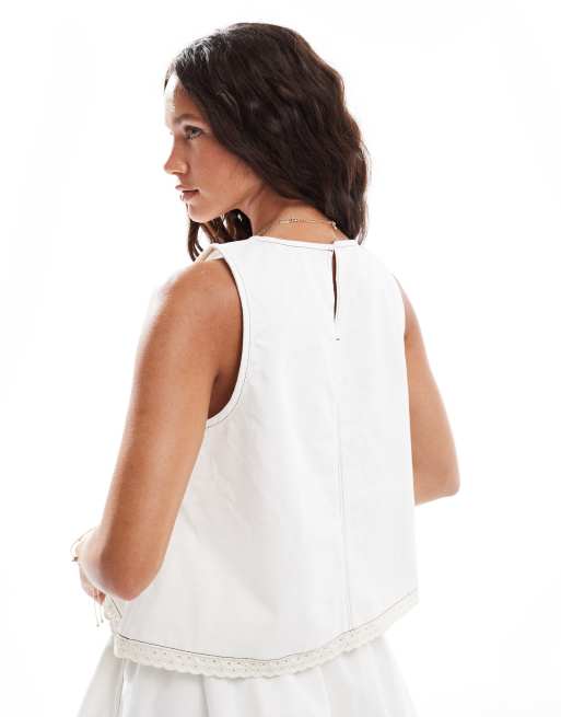 ASOS DESIGN - Rechtvallende denim top met broderie rand in ecru, 3 van 4