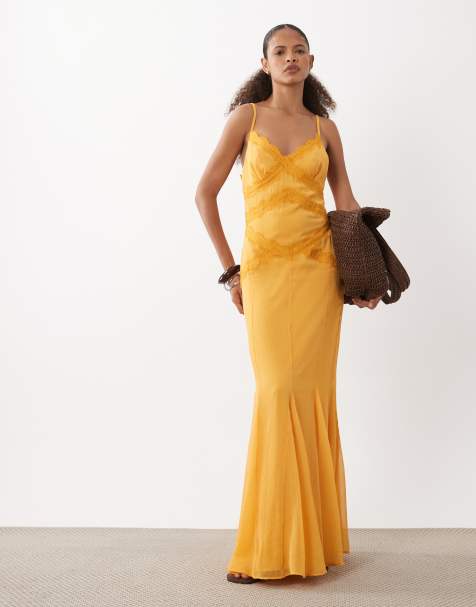 ASOS DESIGN - Rechtvallende midi slipdress met kanten rand en godetplooien in zacht oranje - view 1
