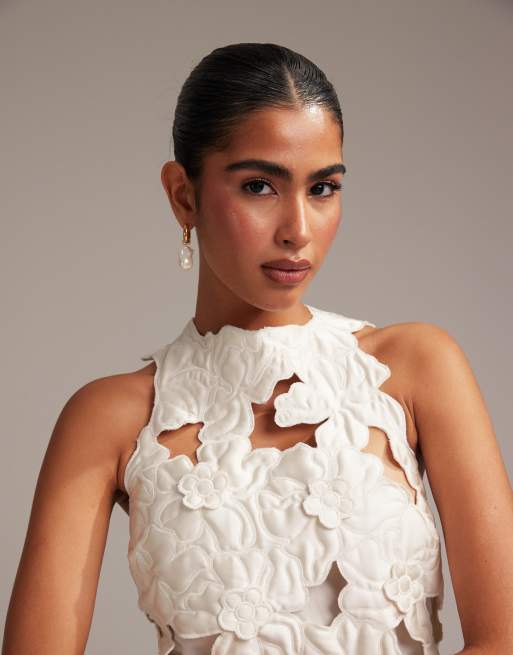 ASOS DESIGN - Rechtvallende mini jurk met 3D bloemen in ivoorwit, 2 van 6